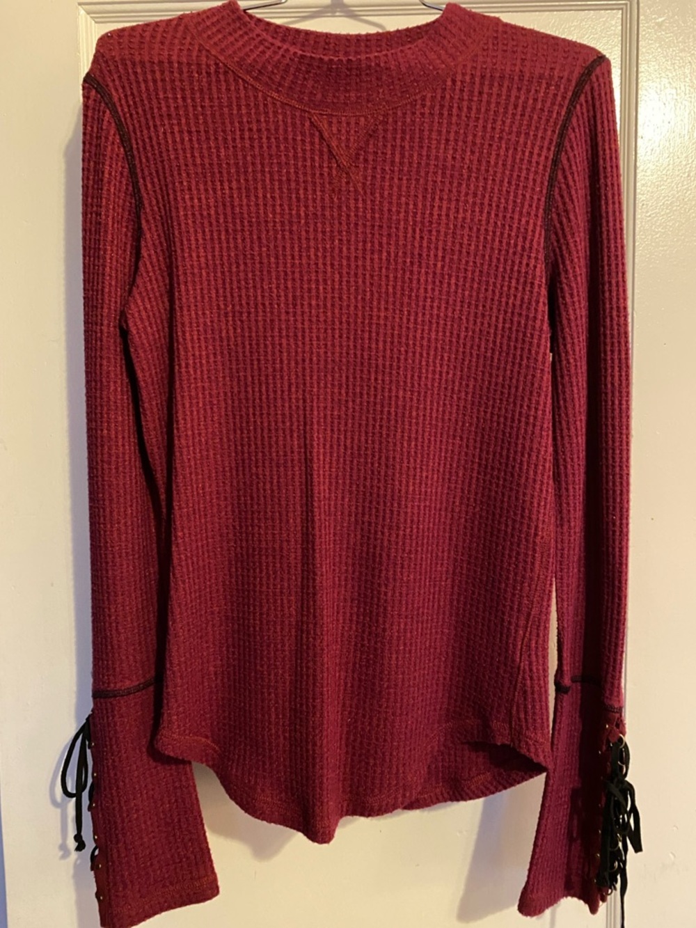 Free People Brick Red Waffle Knit Long Sleeve Top with Lace-Up Arm Details